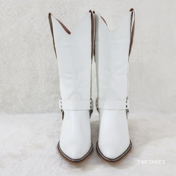 Western Rider Cut Harness White Leatherette Cowboy Pull On Country Cowgirl Boots - Picture 7 of 11